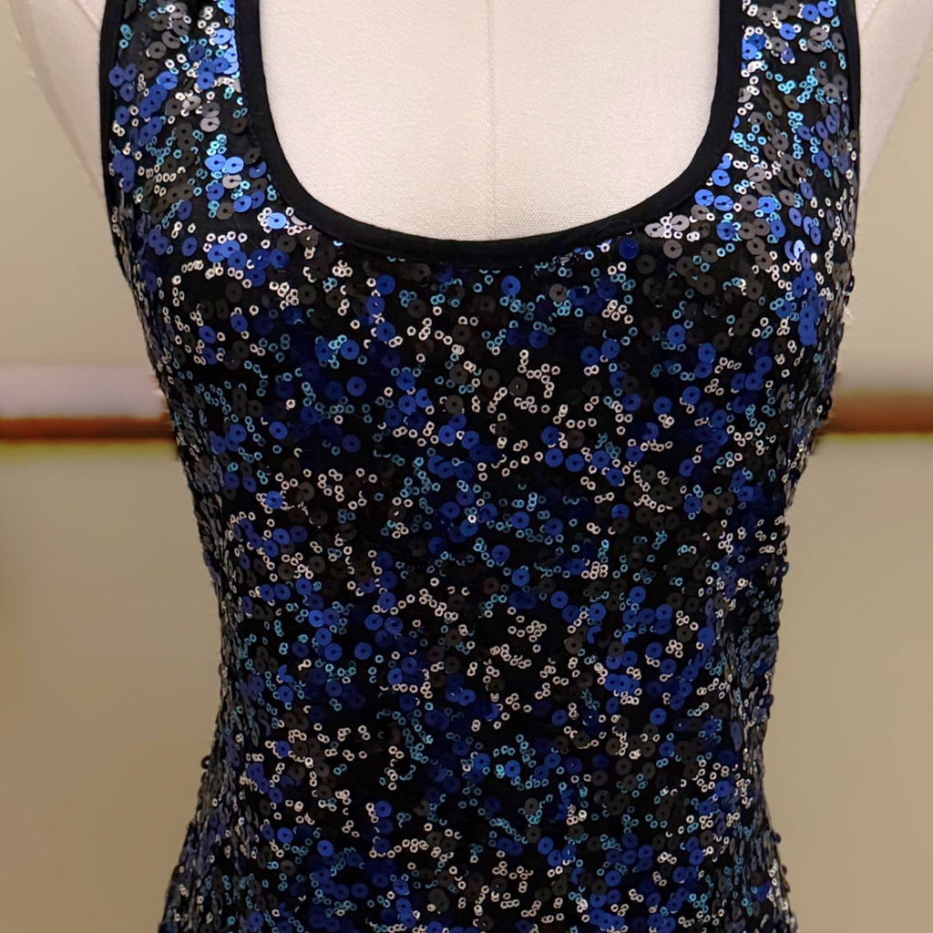 Brand New,Sparkling,Sequin Tank Top Blouse,Blue,Silver,Black.Curve Accenting